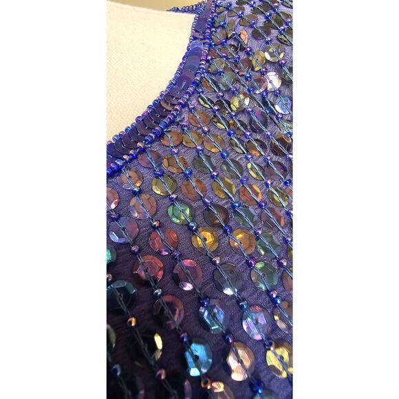 Vintage Women's Fully Sequin Beaded Silk Long‎ Sleeve Top & Skirt Set Large Blue - Picture 8 of 9